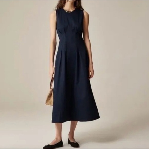 NWT J. Crew Pintuck Midi Dress Stretch Twill Navy Blue - Picture 1 of 6